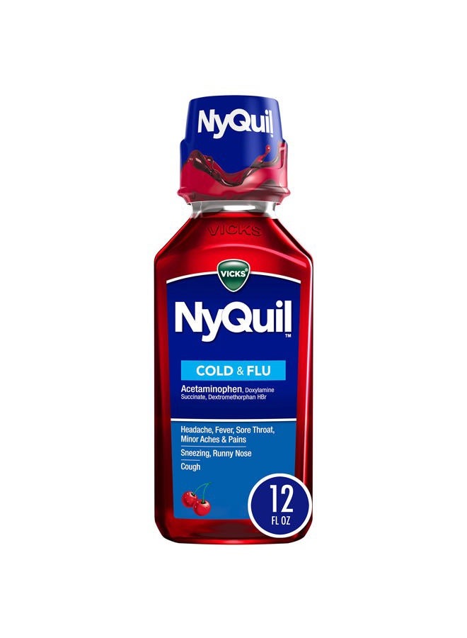 Vicks NyQuil Cherry Cold and Flu Relief Liquid Medicine, Nighttime Relief for Headache, Fever, Sore Throat, Minor Aches and Pains, Sneezing, Runny Nose, and Cough, Cherry Flavored, 12 FL OZ - Image 1